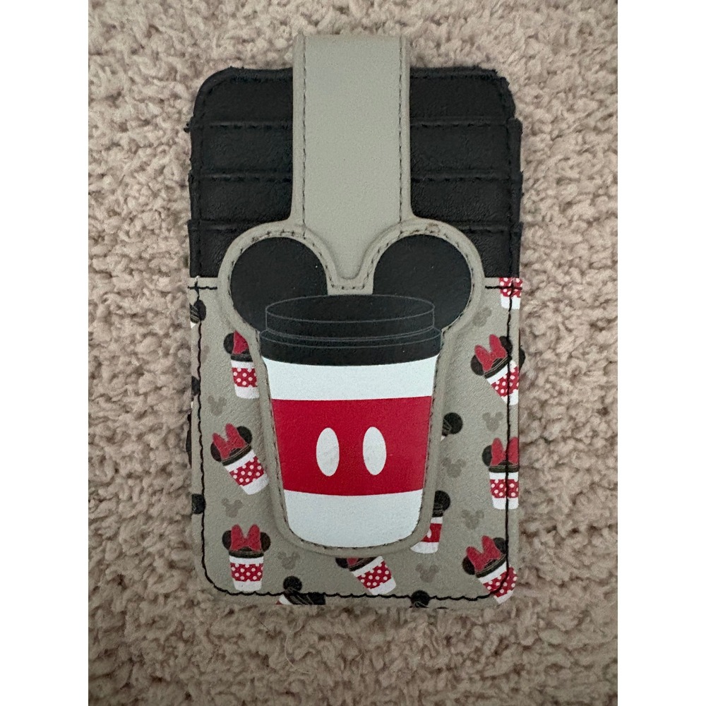 Disney Parks Mickey Minnie Mouse Coffee Cup Card Holder Wallet ID Case Gray Red